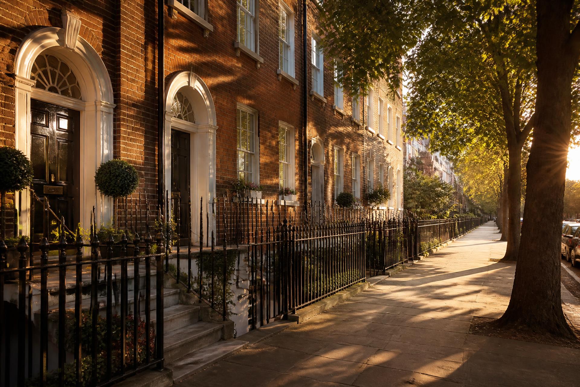 Elegant tree-lined UK townhouse street in warm morning light
